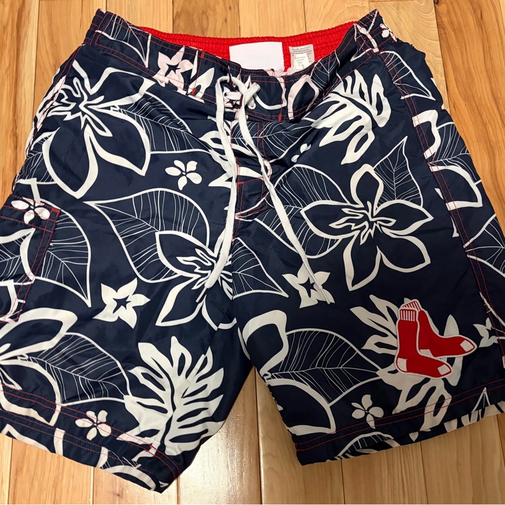 Men's Floral Red Sox Swim Shorts - Navy and Red